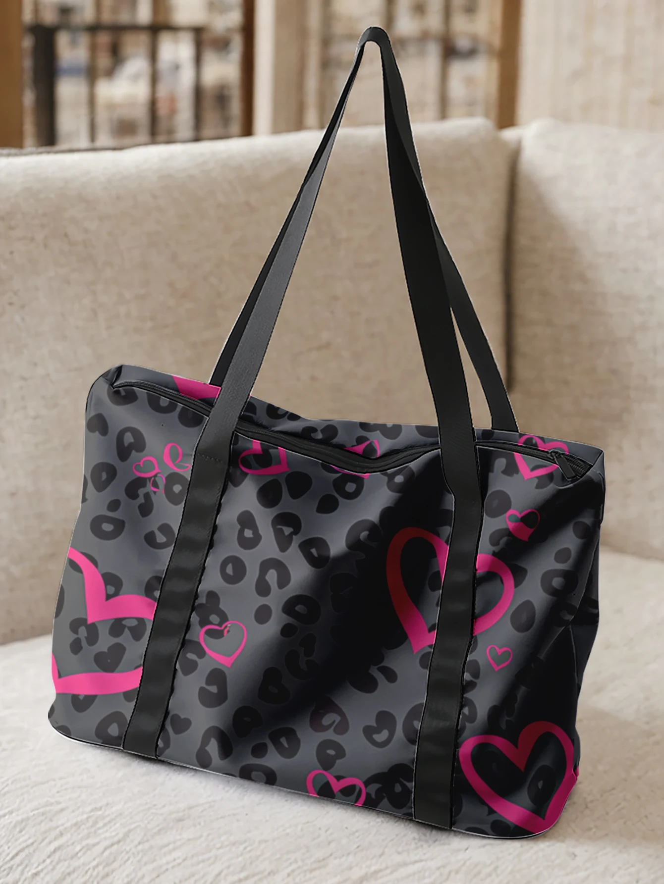 Leopard Pink Heart Print Large Tote Bag, Shoulder Handbag, Wide Straps Storage For Travel, Beach, Shopping, Gym & Daily Commute