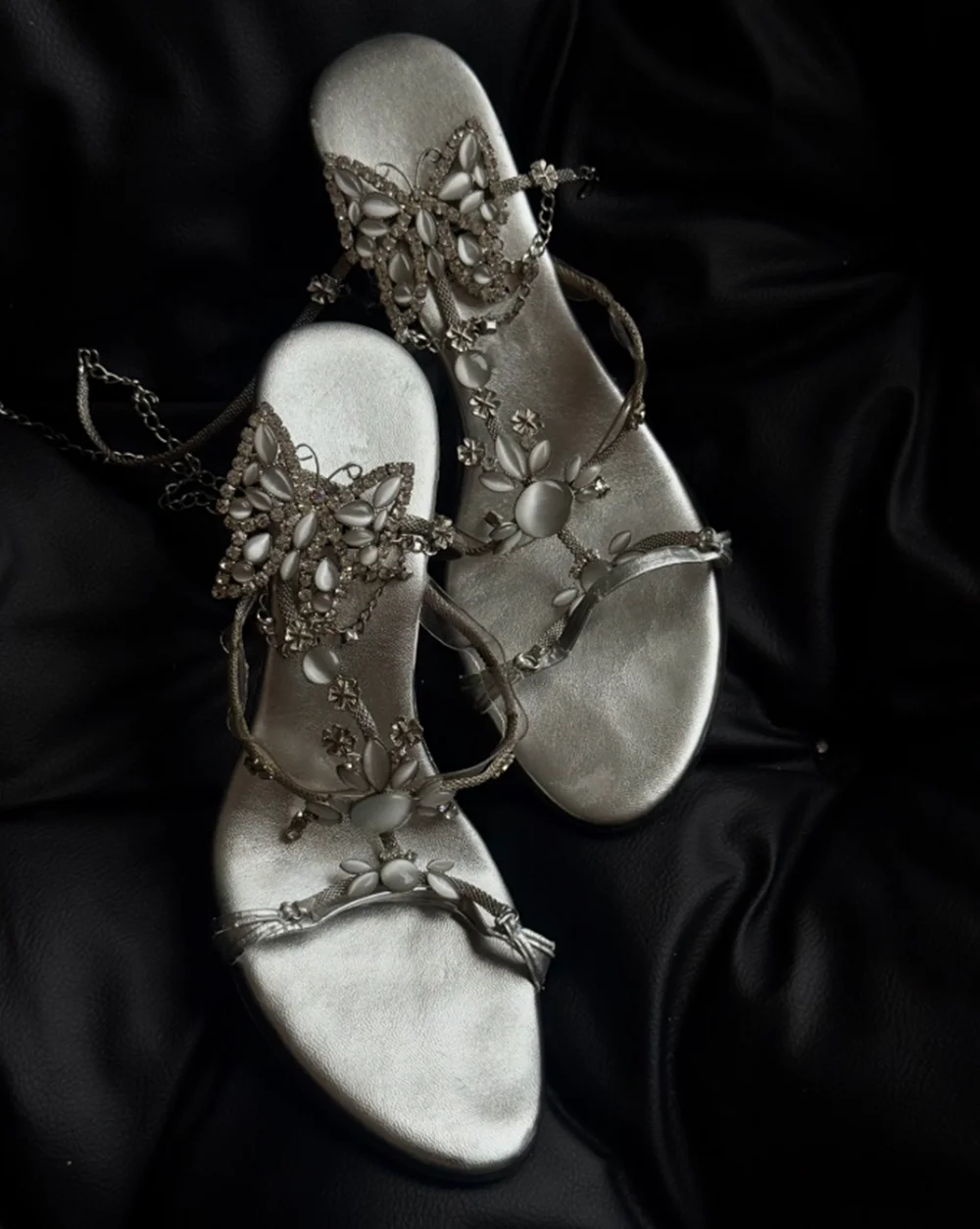 Metallic Silver Open Toe Stiletto Sandals Rhinestone Butterfly Embellishments Thin T-Strap Ankle Buckle Elegant Style Heels - view 4