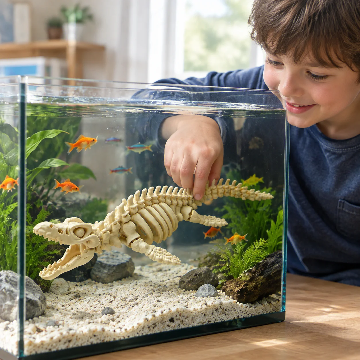 HTMCK Realistic Mosasaurus Skeleton Replica 1 Piece Aquarium Decoration Dinosaur Model with White Fins And Tail for Home Decor