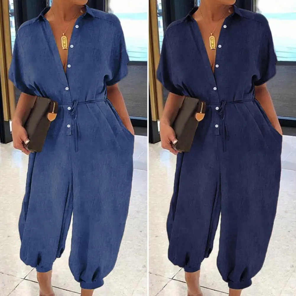 

Women Denim Jumpsuit Short Sleeve Solid Color Buttons Pockets Long Baggy Romper Overall for Work