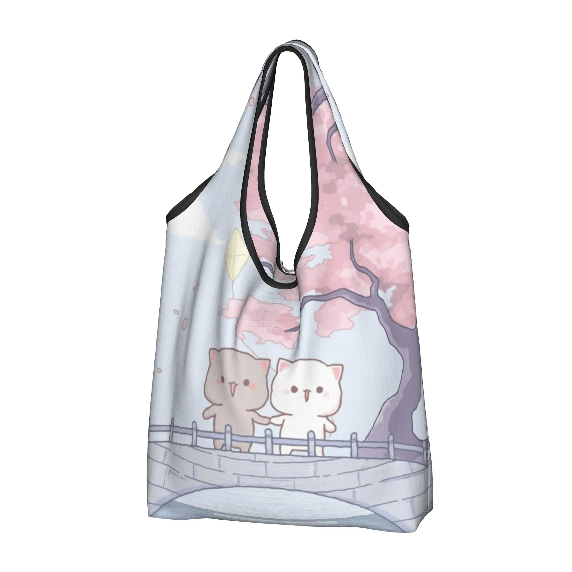 Cute Printed Romantic Peach And Goma Mochi Cat Shopping Tote Bag Portable Shopper Shoulder  Handbag