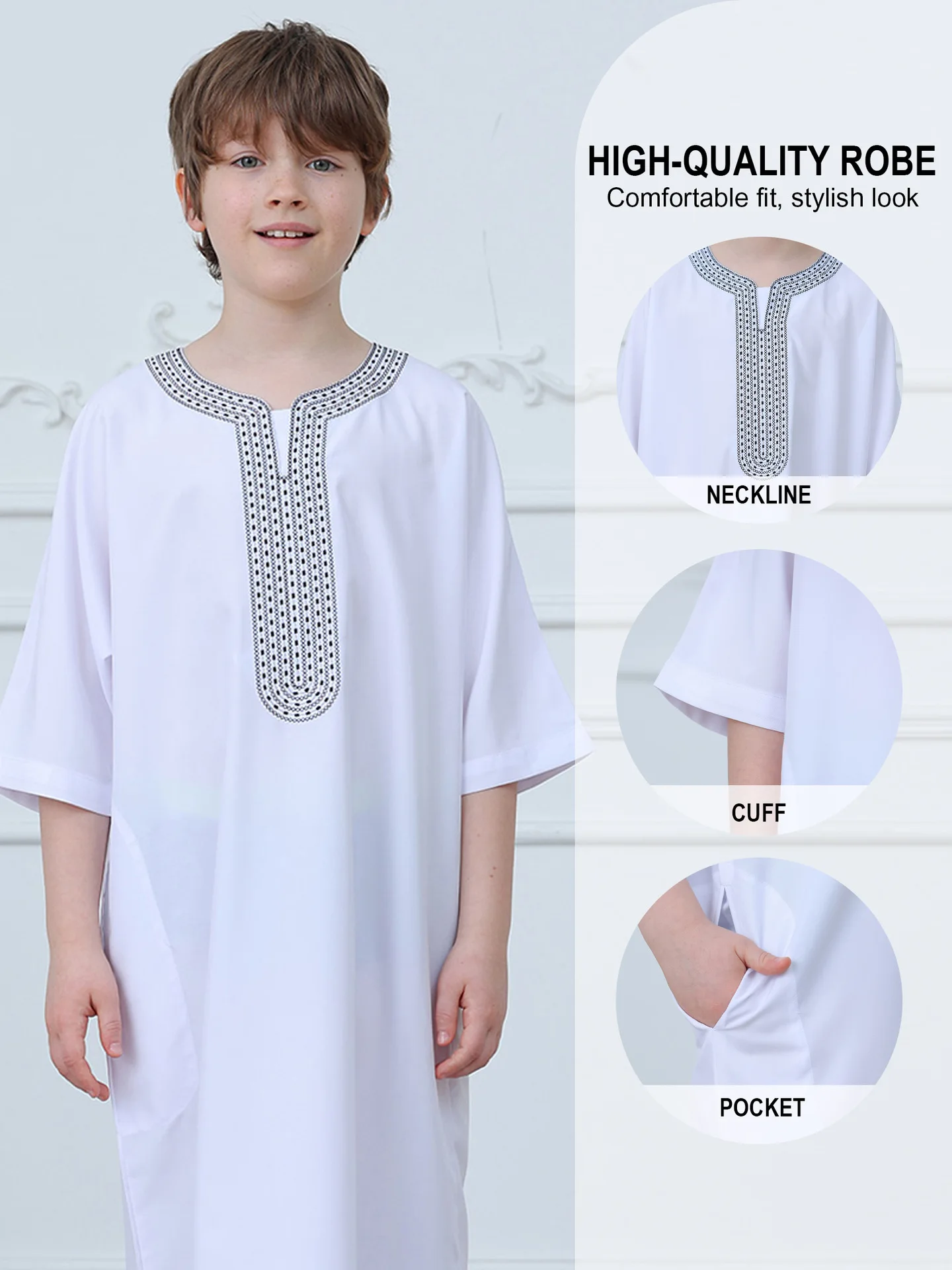 

Eid Ramadan Children Kids 3/4 Sleeve Islamic Thobe Boys V-Neck Embroidery Loose Soft Robe Prayer Outfit Jubba Arab Casual