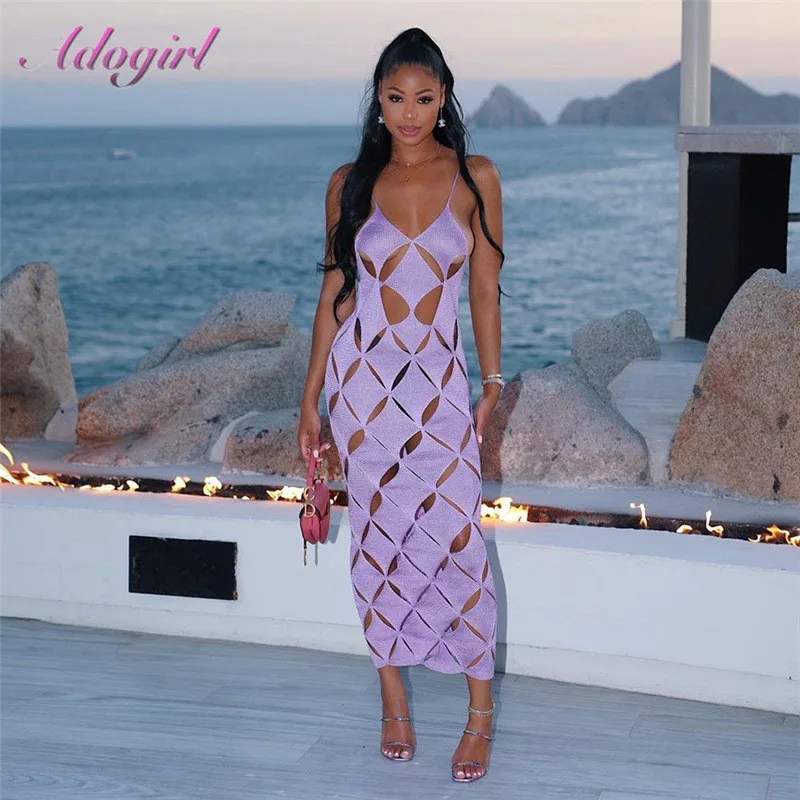 Elegant Geometric Summer Beach Dress Women Sexy Spaghetti Straps Backless Hollow Out Party Club Maix Long Dresses Outfit Vestido