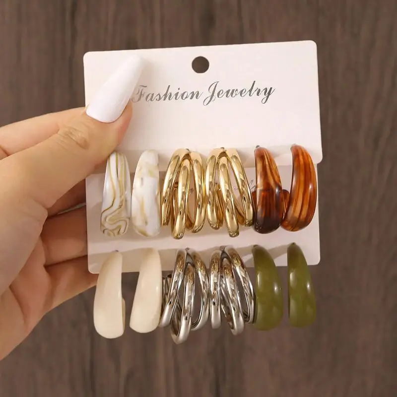 3/6 Pairs Assorted Hoop Earring Pack, Fashion Marble & Solid Color Resin + Alloy Earring Combo, Boho Jewelry Set