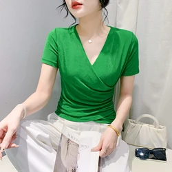 2024 New Arrival Trend Female T-shirt Spring Summer Cross V-neck Shirring Solid Woman S-4XL Short Sleeves Slim Mesh Splicing