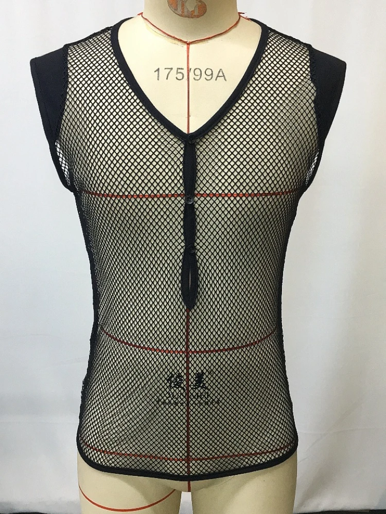Summer Mens Clothing Hollow Out Sexy Tank Top V Neck Mesh Sleeveless Top Sexy T-shirt Black Fitness