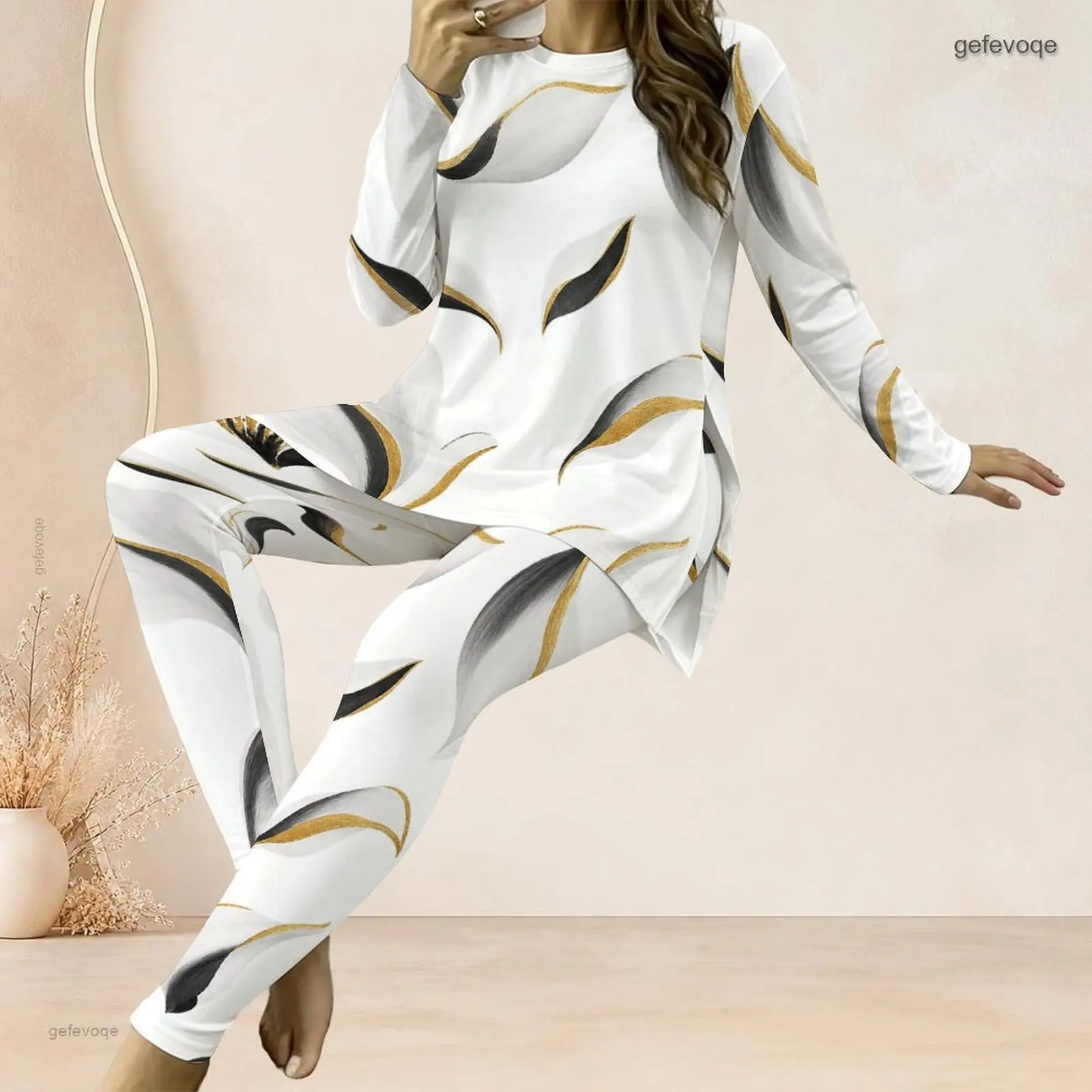 Women Abstract Leaf Printed Round Neck Long Sleeve Longline Top and Fitted Pants Two Piece Set