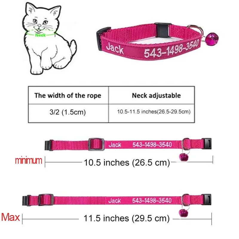 Personalized size can be adjusted cat collar Embroidered name ID tag for kittens and puppies