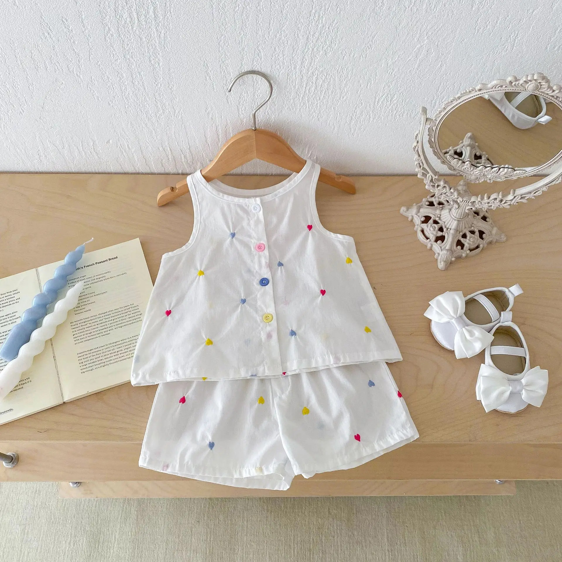 2psc Summer Newborn Infant Baby Girls Heart-Shaped Embroider Waistcoat+Shorts Muslin Sleeveless  Set Kids Fashion Baby Clothing