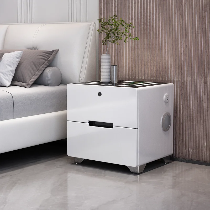 

Smart Bedroom Nightstand with LED Light Fingerprint Lock Wireless Charging and Bluetooth Speaker Multifunctional Bedside Table