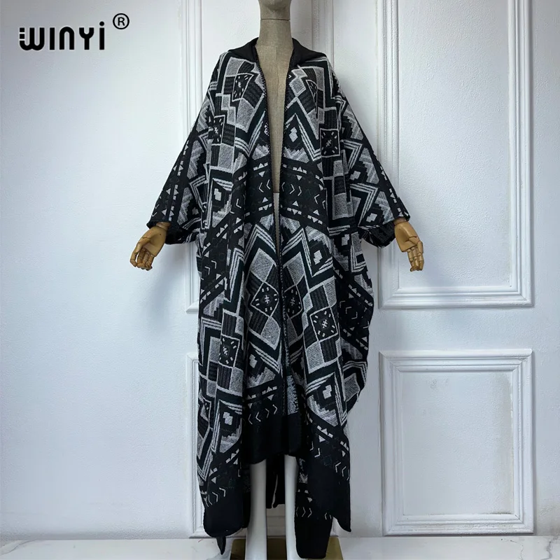 WINYI-Cardigan à Capuche Imprimé à Carreaux Africains pour Femme, Abaya, Manteau Ouvert sur le Devant, Poncho Long, Tenues d'Automne et d'Hiver