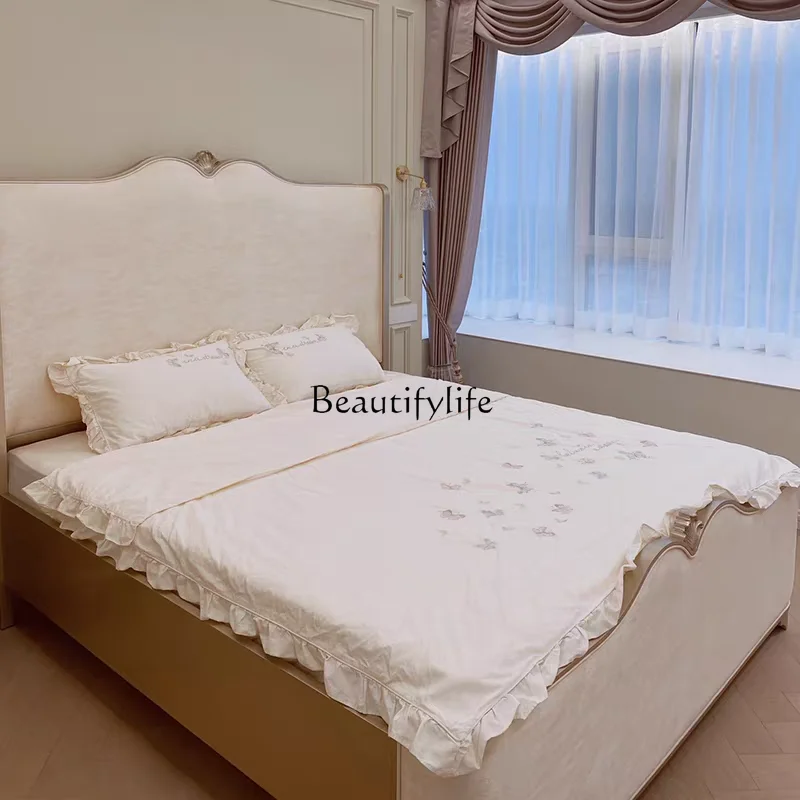 American light luxury solid wood double bed light French modern fabric bed simple