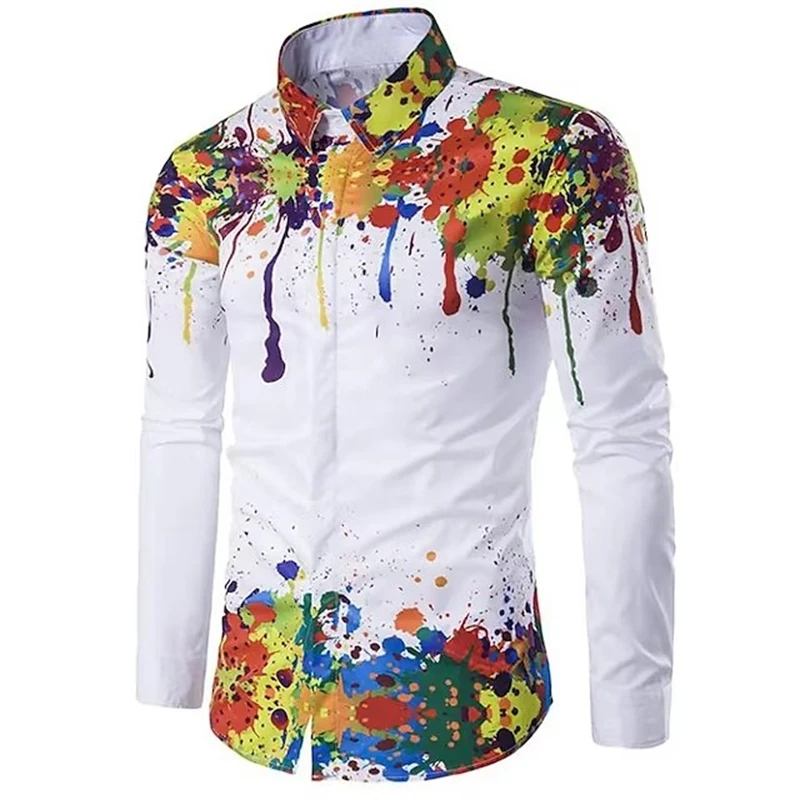 Camisa casual masculina com estampa pontada, tops de manga comprida, camiseta streetwear, impresso com doodle 3D, lapela, tamanho grande, moda estilista