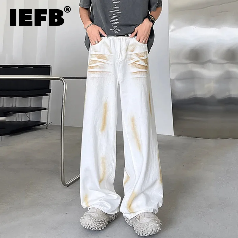 

IEFB High Street Men's Denim Pants Worn-out Washed Bottom Contrast Color Straight Wide Leg Male Jeans New Summer 2024 9C6573