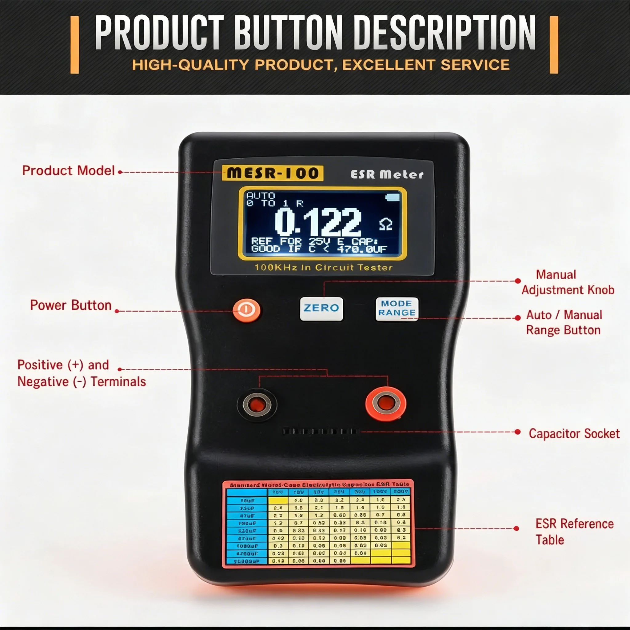 Portable MESR1-100 V2 ESR Capacitor Tester 0.001~100Ω High Precision 100KHz In Circuit Testing Tool for TV LCD Audio Repair