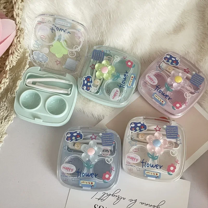 1 Box Cartoon Contact Lenses Case for Women Portable Contact Lens Box Container Travel Contact Lenses Case Transparent Tweezers