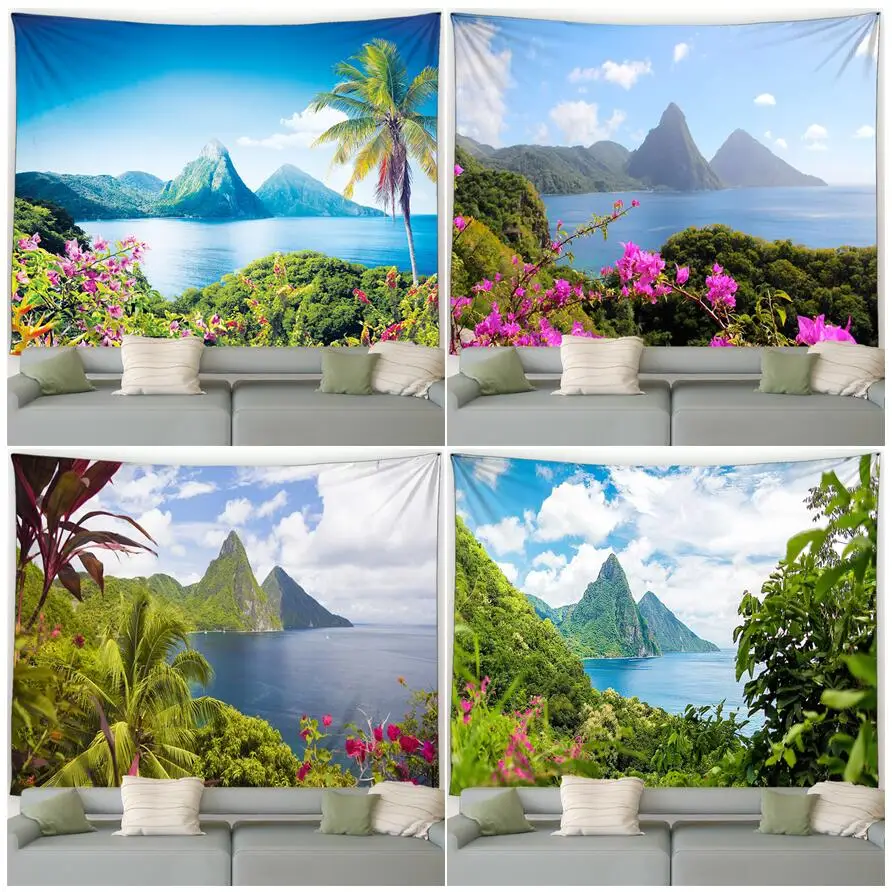 Nature Landscape Tapestry Seaside Mountains Lake Flowers Plants Nature Scenery Modern Garden Wall Hanging Home Living Room Decor