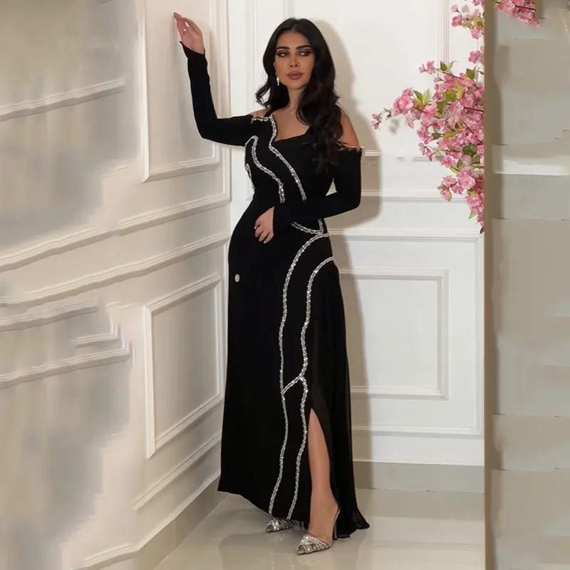 Aleeshuo Modern Black Saudi Arabia A-Line Prom Dress Long Sleeve Formal Side Slit Shiny Beading Evening Dress Ankle-Length 2024