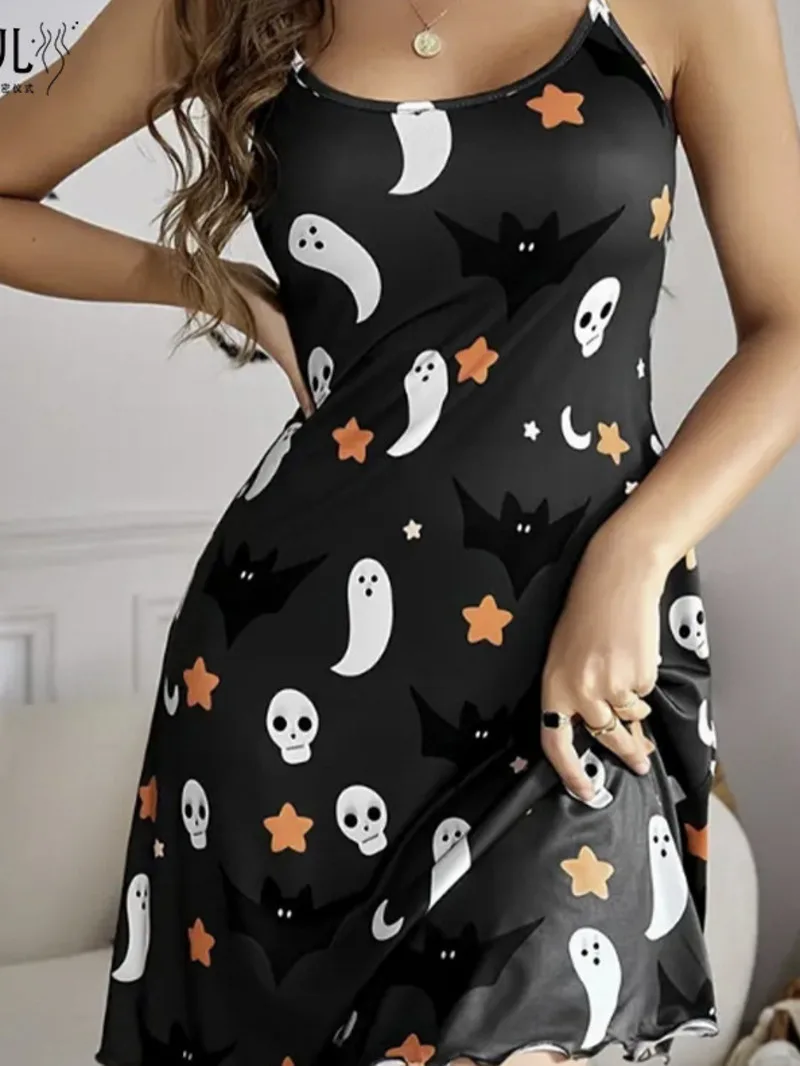 Ghost Halloween 2024 New Bat Printed Strap Women's V Neck Dress Elegant Fashion Loose American Style Comfortable Dresses 9LAN