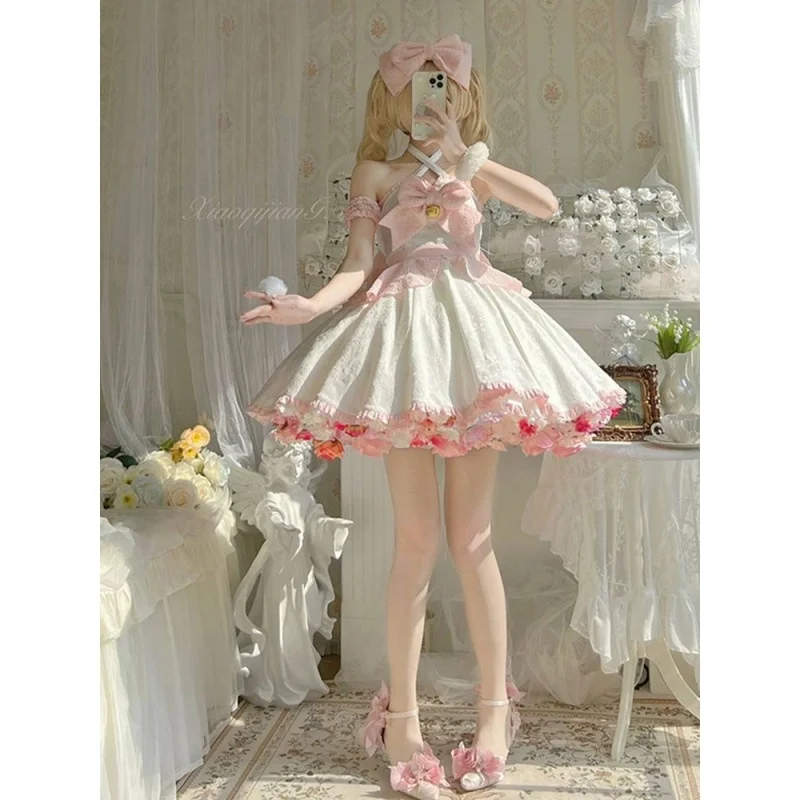 2023 Flower Wedding Dress Summer Girl Feeling Lolita Pink Bow Dress Women Hanging Neck Strap Jacquard Lolita Dress