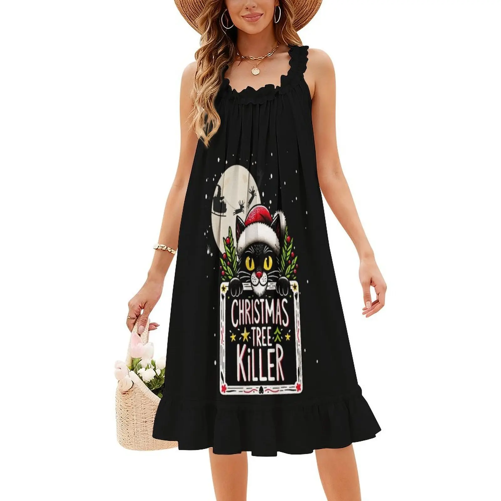 فستان على الطراز الكوري لشجرة عيد الميلاد للنساء، فستان كاجوال أنيق للحفلات أو الارتداء اليومي، Cat Kill Santa Scaredy Cat