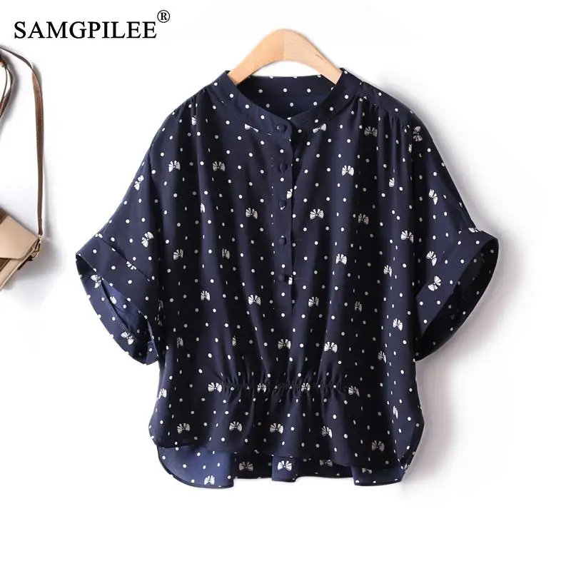 

Shirts And Blouses Women 2023 New Stand Collar Classic Polka Dot Pinched Short Sleeve Chiffon Summer Korean Fashion Tops Woman