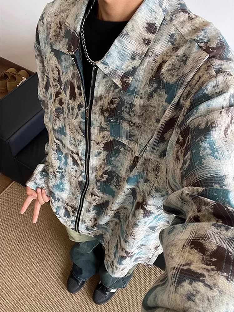 

American Retro Tie Dye Long Sve irt Men's High-End Zipper Design Collar Trendy Brand Outerwear Autumn Season Polyester F...