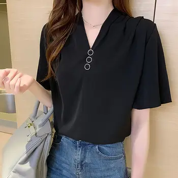 여성용 반소매 쉬폰 셔츠, 루즈한 상의, 모노크롬, V넥, 만능, 심플함, 여름옷, 뉴스타일 