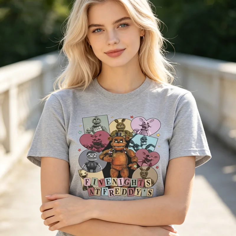 Five Nights At Freddys T Shirt Retro Game Character Collage Graphic Tee Casual Cotton Short Sleeve  Tops Harajuku