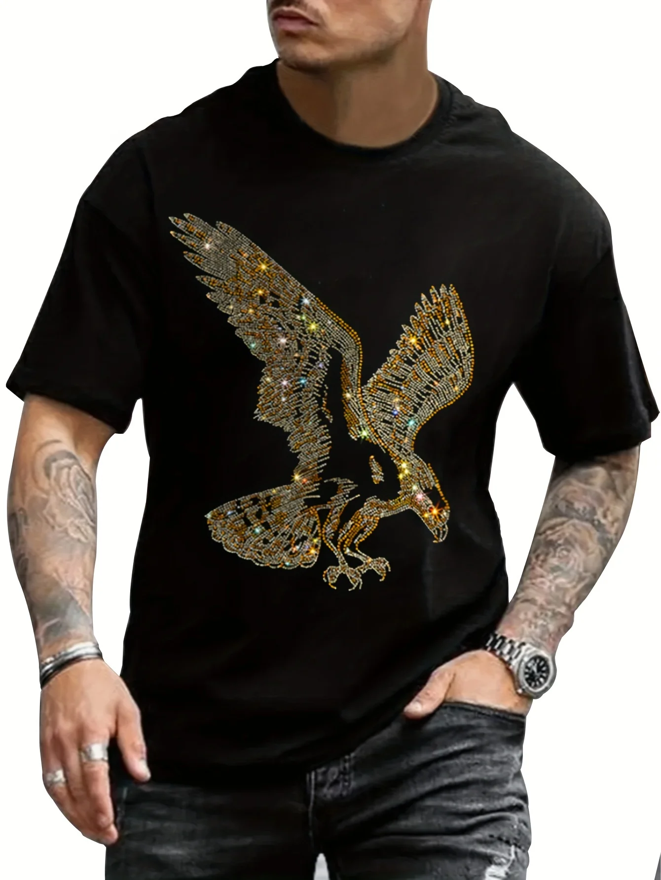 Camiseta con gráfico de águila divertida para hombre y mujer, camiseta de fiesta con cuello redondo y diamantes de imitación brillantes de águila dorada para graduación