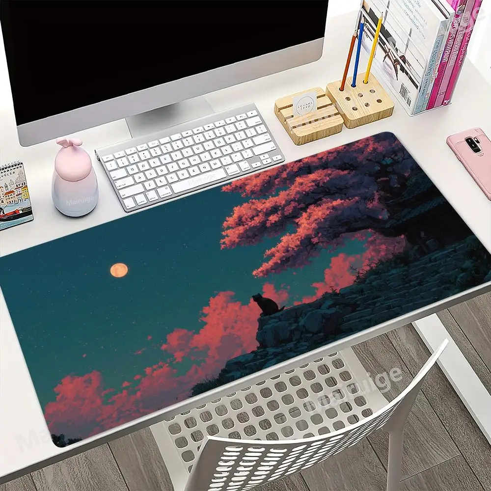 Black Cat Anime Moonlit Scenery Mouse Pad Large Gaming Office Mousepad XXL Anti-slip Rubber Computer Desk Mat HD Gamer Mousepads