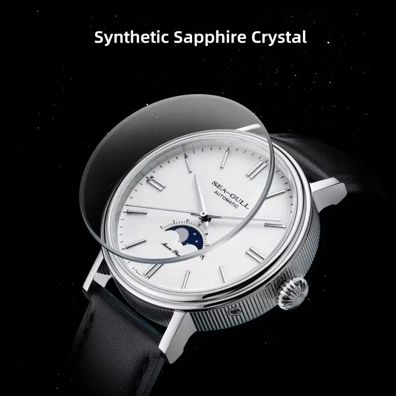 2024 Seagull Automatic Mechanical Watch Moon Phase Leather Casual Business Wristwatch Mechanical Relojes Hombre 819.12.6136