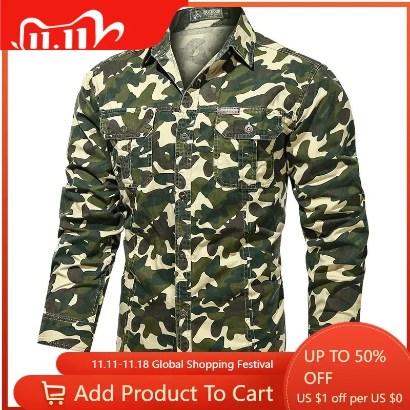 Men Camouflage Military Shirts Male Cotton Outdoor Multi-pocket Tooling Shirts Good Quality Man Long-sleeved Casual Shirts 5XL