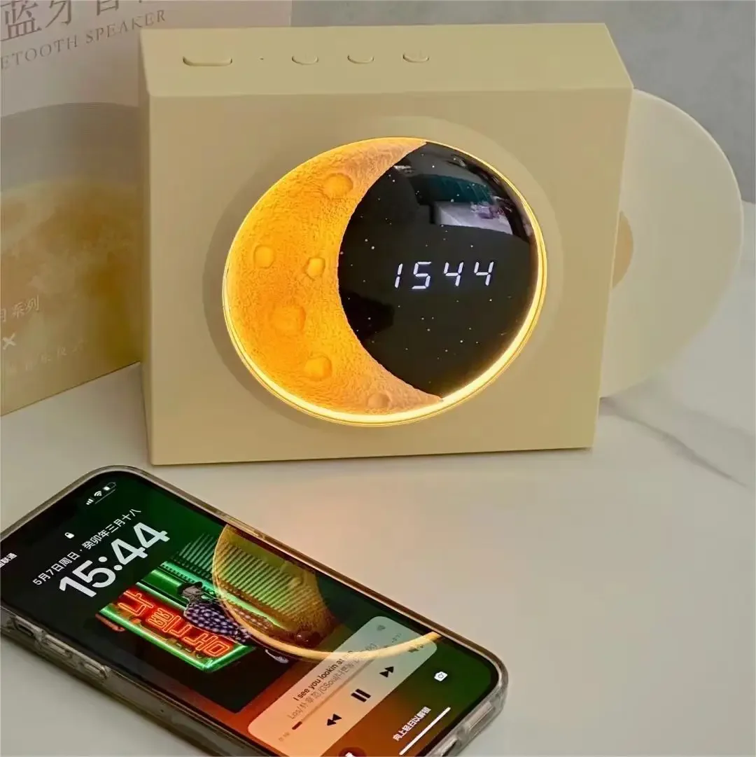 Retro CD Design Blue Tooth Speaker Desktop Digital Clock Half Moon Starry Atmosphere Night Light BT Speaker