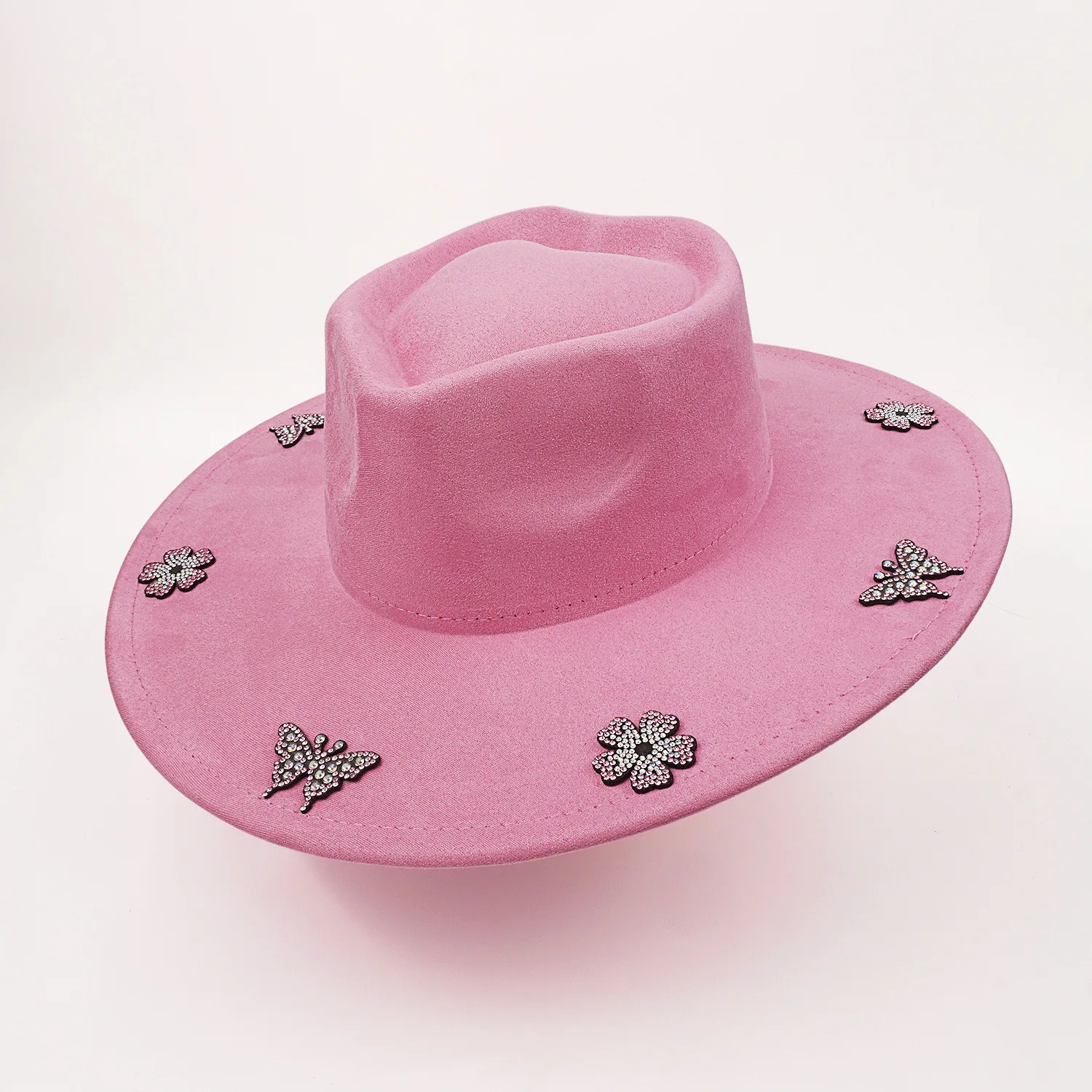 Pink Suede Rhinestone Butterfly Fedora Hat Wide Brim Western Cowboy Hat Festival Fashion Statement Felt Hat Vintage Cowgirl Cap