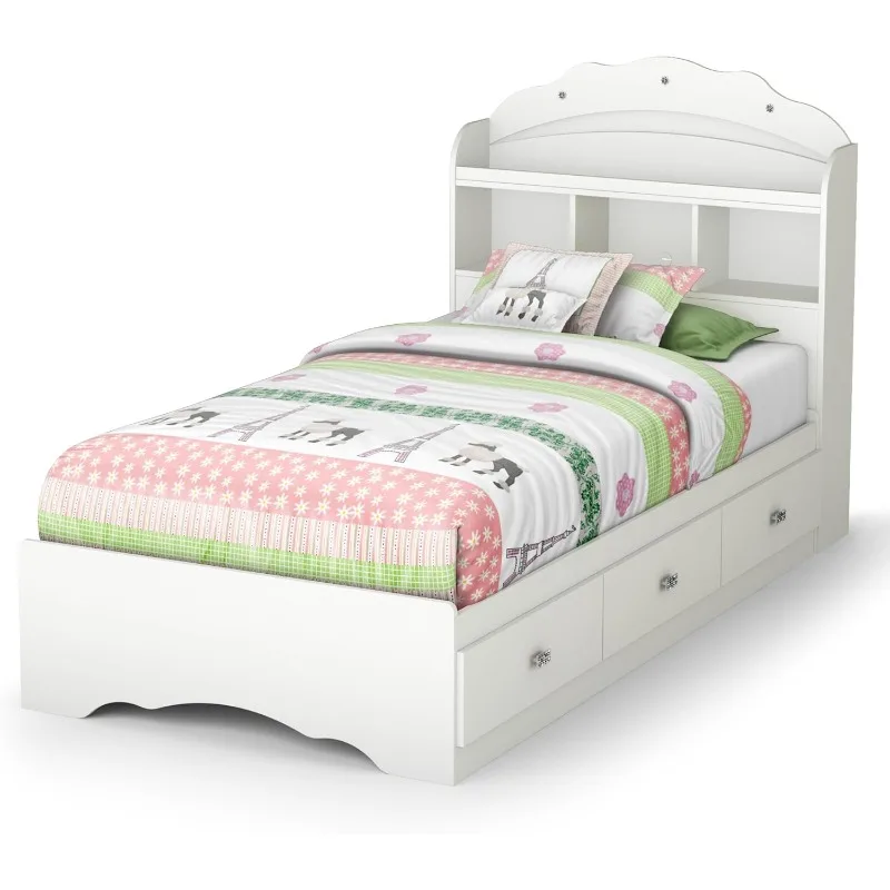 Tiara Wood Twin Bookcase Storage Bed in Pure White