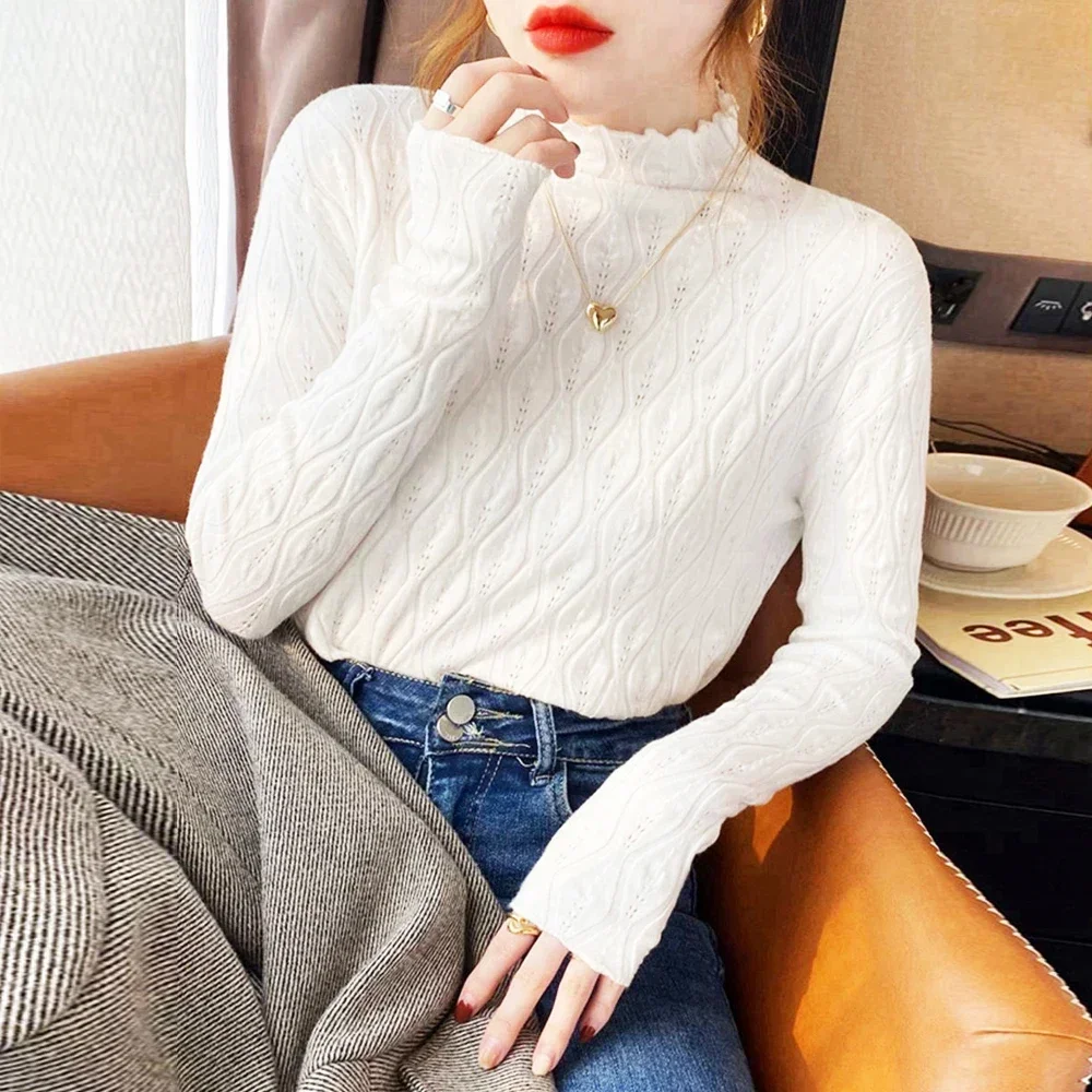 Half High Collar Long Sleeve Shirt Pullover Female Knitted Sweater S-XL Girl Stretch Flowers Lace T Shirt Women Tops Clothes