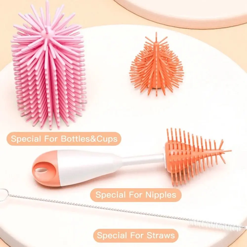 Set di spazzole per biberon con rotazione a 360 gradi Manico lungo Kit di pulizia ciuccio 3 in 1 a tutto tondo Foro per appendere resistente al calore