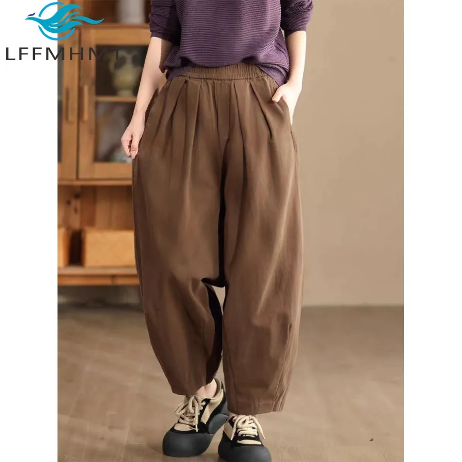 

Women's Korea Style Loose Casual Simple Basic Harem Pants Spring Good Quality Vintage Cotton Comfortable Baggy Trouser Female