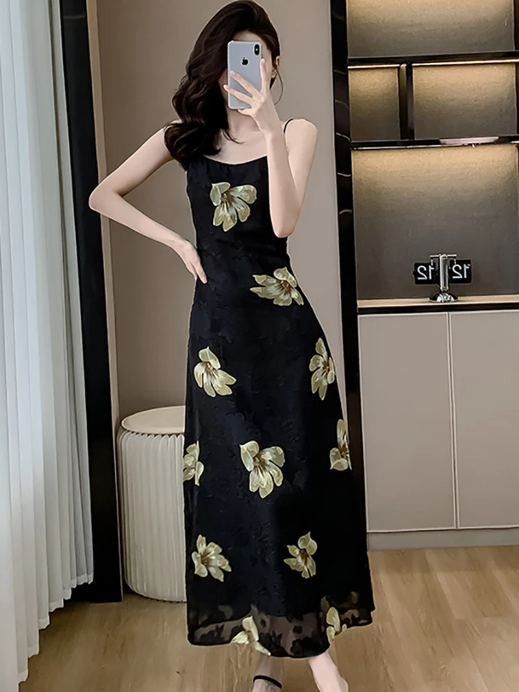 

Женское корейское винтажное элегантное танцевальное платье, летнее черное сексуальное длинное платье на бретельках с цветочным принтом, модное облегающее шикарное роскошное платье 2025 года