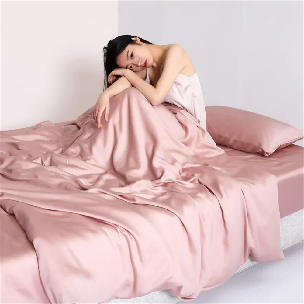 Liv-Esthete Luxury Pink 100% Silk Bedding Set Queen King Duvet Cover Silky Soft Flat Sheet Pillowcases Bed Sets For Deep Sleep