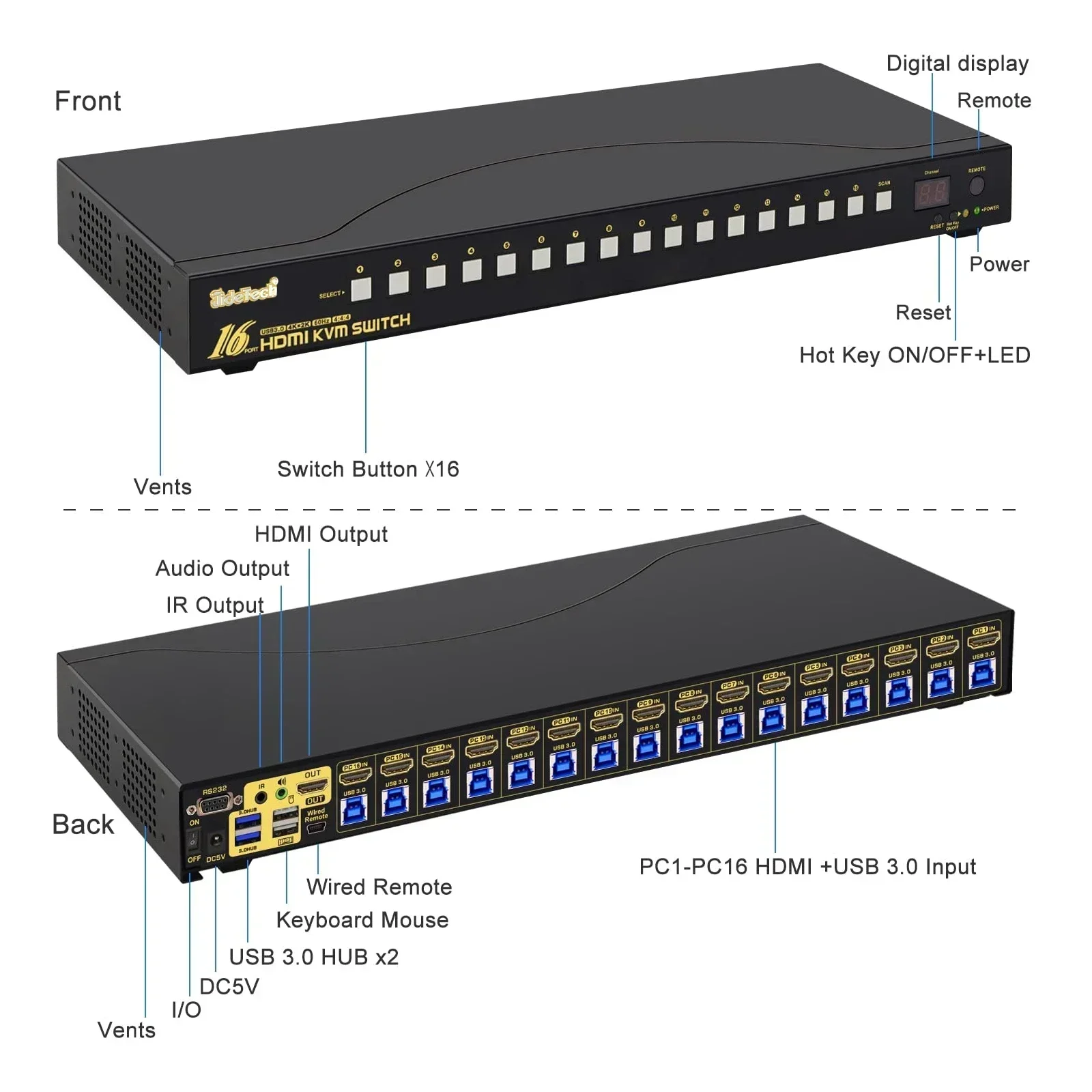 In stock JideTech 16x1 HDMI KVM Switch USB 3.0 HUB 16 1 4K HDMI Switcher 4K 60Hz Resolution Rack Mount HDCP EDID Hotkey