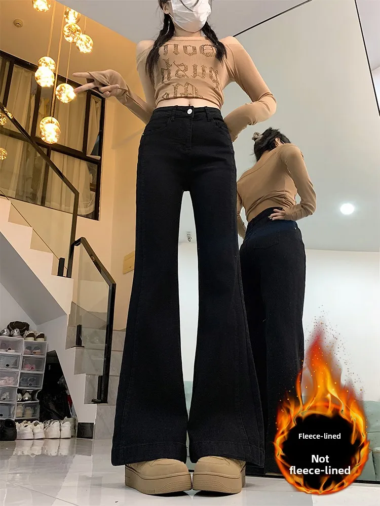 Hohe Taille Ausgestellte Jeans Damen Winter Thiened Fce Lose Weites Bein Bodenlangen Bootcut Denim Hosen Casual Sle