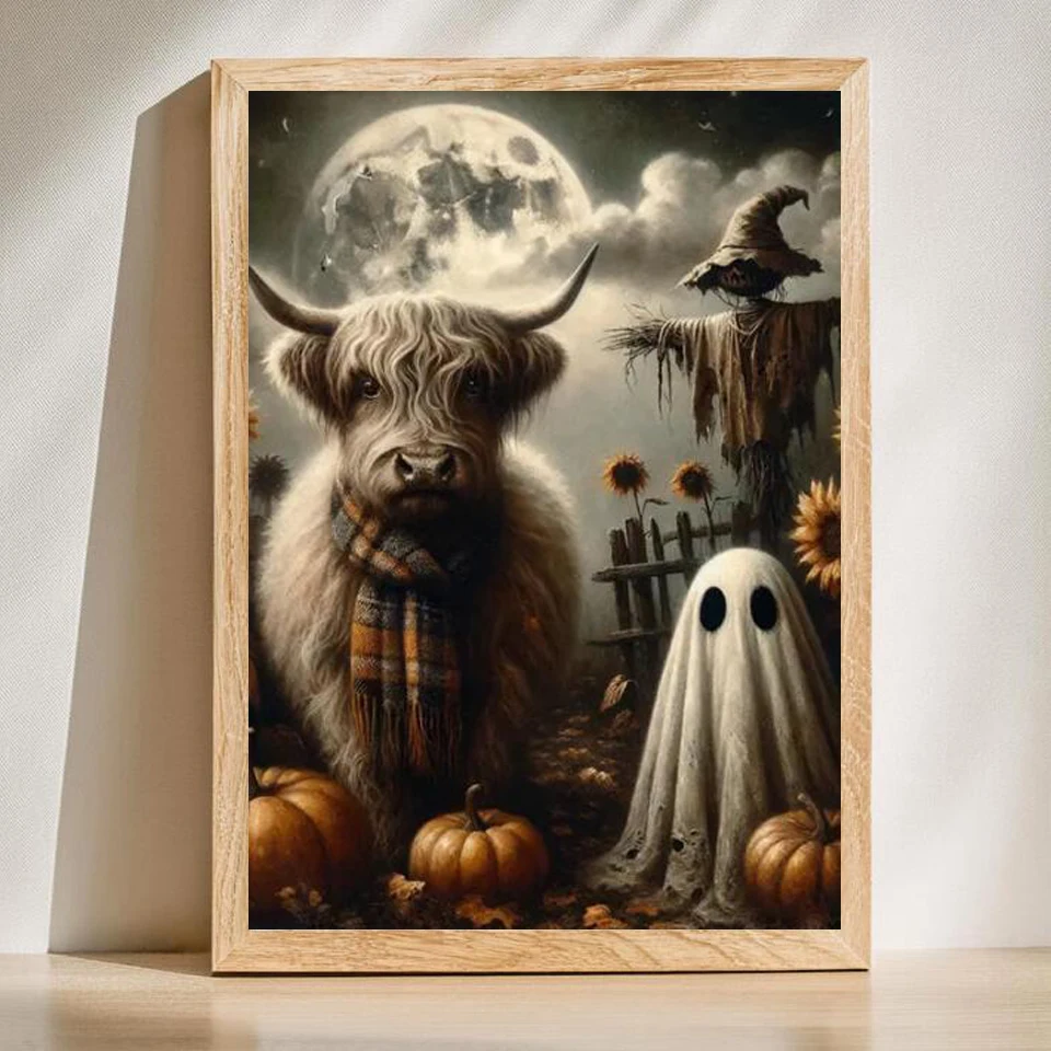 

Highland Cow Ghost Fall Halloween DIY 5D Full Square Diamond Painting Kits, Spooky Autumn Pumpkin Diamond Art for Haunted Home