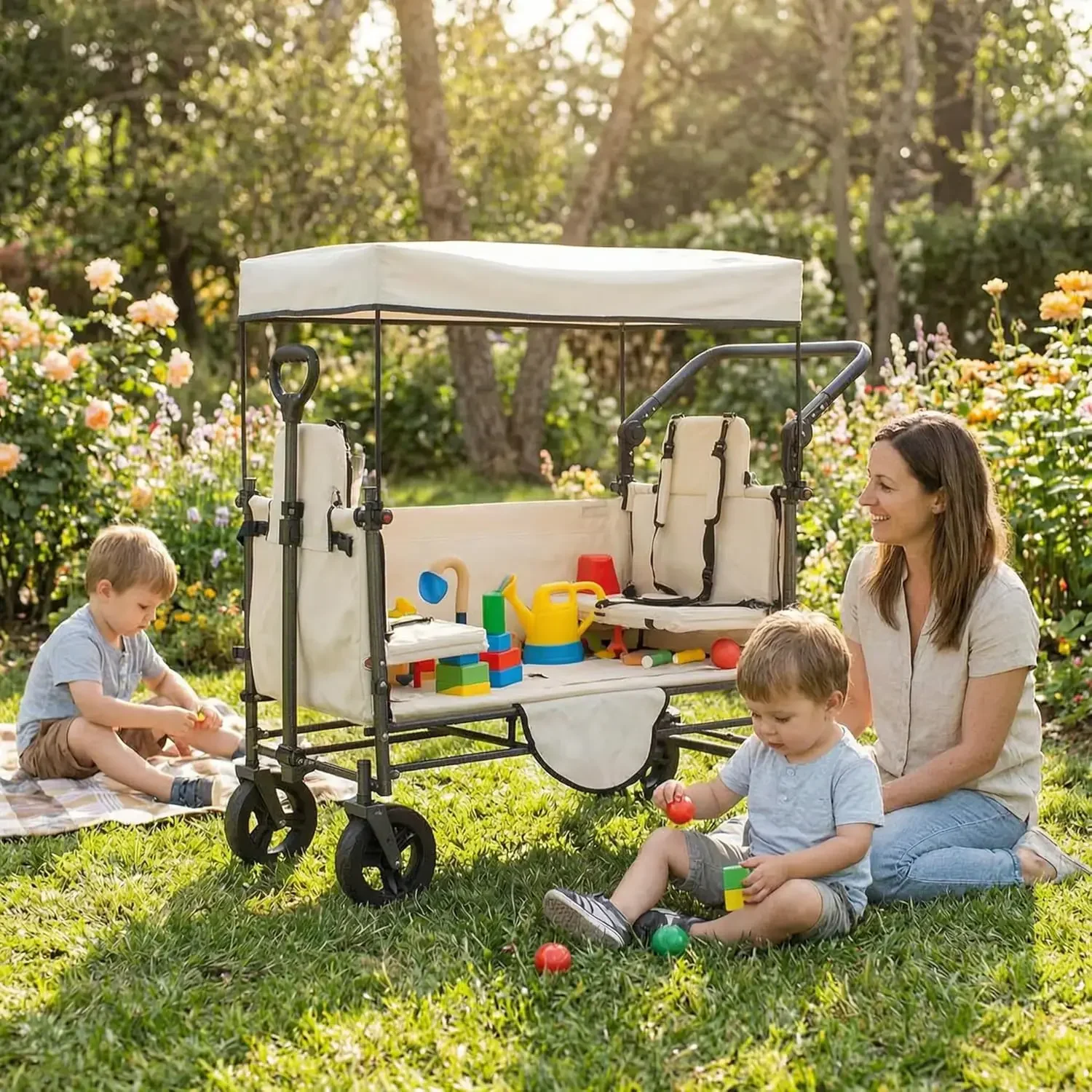 Collapsible Wagon Cart with Side-Opening Seat Conversion Design, Foldable Utility Wagon with 2 Seats, Heavy Duty Wagon 265 lbs L