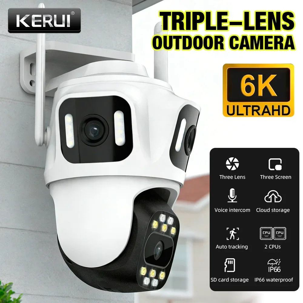 KERUI Icsee 6K WIFI IP Outdoor PTZ Home Security Camera Triple Lens CCTV Video Surveillance with Triple Screens