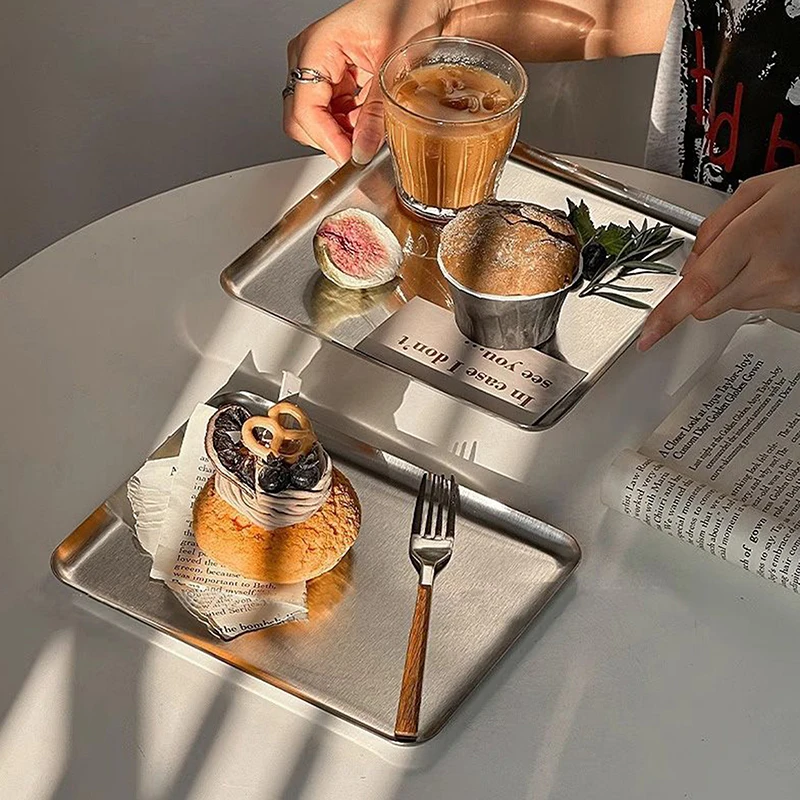Anti Slip Stainless Steel Serving Tray Nordic Style Rectangular Food Plate Coffee Shop Snack Dessert Cake Organizer Kitchen Tray