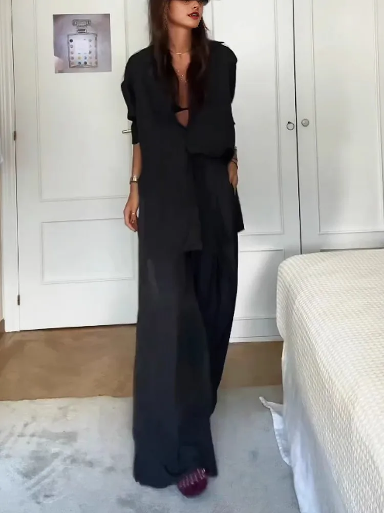 Setelan Jas Hitam Fashion Terbaru Wanita Musim Gugur Lengan Panjang Kancing Satu + Celana Saku Elegan 2 Potong Set Pakaian Kantor Kasual