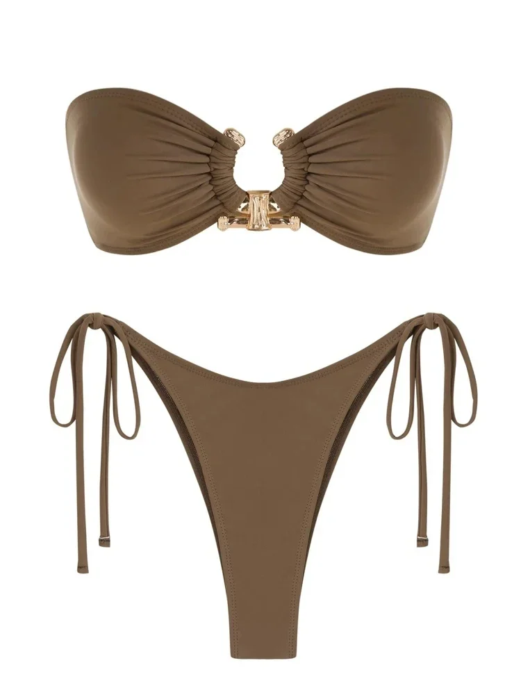 

Solid O Ring 2025 New Swimsuit For Women Tie Side Shiny Metal Hardware Ring Bandeau Bikini Swimwear Padded Bra Top Low Waisted