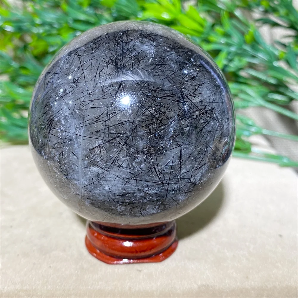 Natural Quartz Crystal Black Hair Sphere Stone Ball Home Decoration Polished Reiki Minerals +Stand